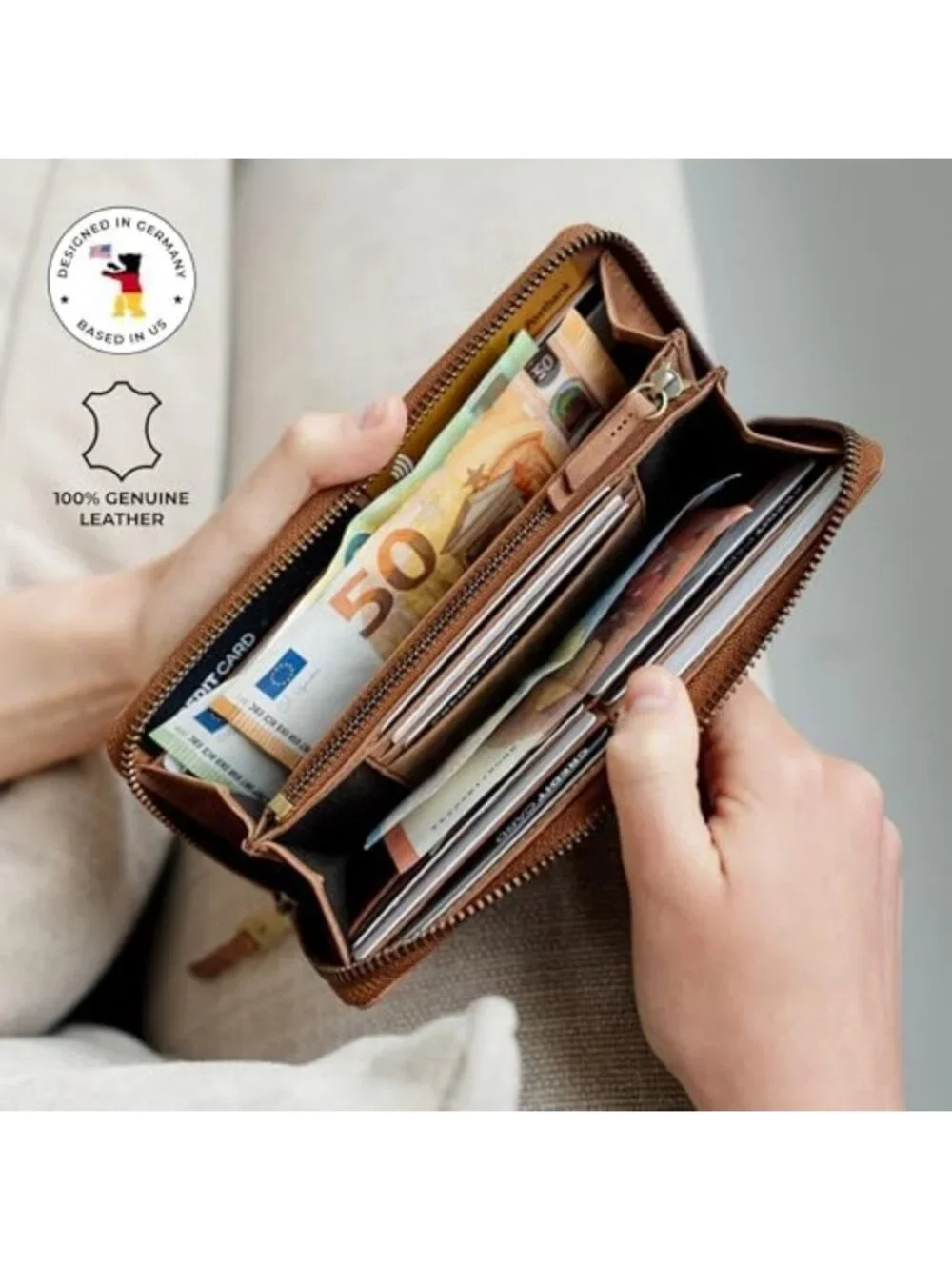 Genuine Leather Zip Wallet for Women, Stylish Brown Palma Design, Gift-Ready